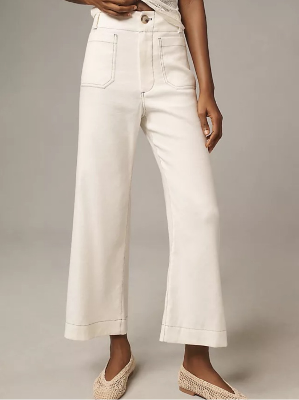 NWOT Maeve Colette Contrast-Stitch Linen Crop Wide-Leg Pants
